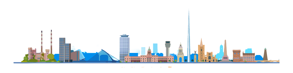 Illustrated skyline of Dublin, including the Samuel Beckett Bridge and Convention Centre Dublin